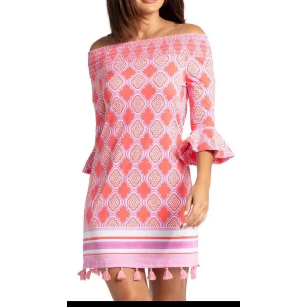 Coral Geo Off The Shoulder Dress